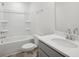Clean bathroom featuring a shower-tub combo, a white vanity, and neutral finishes at 5853 Greystone Dr, Lithonia, GA 30058