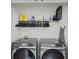 Convenient laundry room area with modern gray washer and dryer and shelving at 5853 Greystone Dr, Lithonia, GA 30058