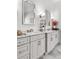 Close up shot of Dual sinks and gray cabinets in this stylish bathroom at 4370 Freys Farm Nw Ln, Kennesaw, GA 30152