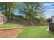 Picturesque backyard with lush green grass, brick wall detail, mature trees and tasteful landscaping at 1555 Heritage Trl, Roswell, GA 30075