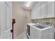 Functional laundry area with white cabinets, modern washer and dryer set, and organized storage at 1555 Heritage Trl, Roswell, GA 30075