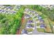 This aerial view features homes with manicured lawns, a winding street, and bordering lush green trees at 3180 Andover St, Cumming, GA 30028