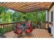 Relaxing back deck with pergola offers outdoor dining space and wooded views at 5100 Sunset Maple Trl, Lilburn, GA 30047
