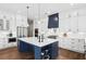 Modern kitchen with white cabinets, a blue island, stainless appliances, and pendant lighting at 2977 Treeside Ter, Marietta, GA 30066