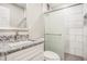 Sleek bathroom with a glass-enclosed shower, granite countertop vanity, and contemporary fixtures at 1022 Mariners Ct, Stone Mountain, GA 30083
