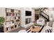 Open-concept living room with fireplace, dark wood flooring, and bookshelf at 1022 Mariners Ct, Stone Mountain, GA 30083