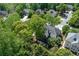 Aerial view of the house nestled among mature trees in a quiet suburban neighborhood at 4035 Regal Oaks Dr, Suwanee, GA 30024