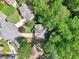 A captivating aerial view of a neighborhood with tree lined streets and well-maintained homes surrounded by lush trees at 989 Pinfeather Ct, Lawrenceville, GA 30043