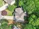 Aerial view of a charming home nestled among lush greenery, showcasing its beautiful landscaping and roof at 989 Pinfeather Ct, Lawrenceville, GA 30043