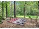 Fun backyard game area featuring a large checker board surrounded by mature trees at 989 Pinfeather Ct, Lawrenceville, GA 30043