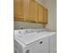 Laundry room with a washer and dryer with overhead wood cabinets for storage at 509 Sawnee Corners Dr, Cumming, GA 30040