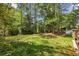 Expansive backyard features mature trees and lawn, creating a peaceful and private outdoor setting at 125 Roswell Farms Ln, Roswell, GA 30075