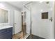 Updated bathroom with white subway tile shower, and modern vanity at 2804 Hall Se Dr, Smyrna, GA 30082