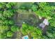 Expansive aerial view showcases property with verdant trees, a tranquil pond, and distant house at 65 Maude White Rd, Kingston, GA 30145