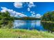 Scenic view of a calm lake surrounded by lush green trees and a clear blue sky with fluffy clouds at 637 Little Bear Loop, Canton, GA 30114