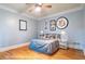 Cozy bedroom showcasing hardwood floors, soft blue walls, and stylish artwork at 655 Moreland Se Ave, Atlanta, GA 30316