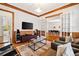 Spacious living room featuring hardwood floors, detailed wood trim, and stylish furnishings at 1128 Bellewood Sq, Dunwoody, GA 30338