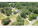 Aerial view showcases the property's pool, outbuilding, and circular driveway surrounded by trees and green space at 204 Mt Moriah Rd, Auburn, GA 30011