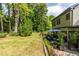 Lush backyard with green lawn, mature trees, landscaped patio, and seating, offering a relaxing outdoor space at 3167 Blairhill Ct, Atlanta, GA 30340