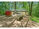 Relaxing outdoor space with seating amidst a peaceful, wooded backdrop at 507 Lakeshore Dr, Stockbridge, GA 30281