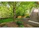 Landscaped backyard with grassy lawn, wood fence, trees, and stairway to deck at 134 Woodlawn Ave, Decatur, GA 30030