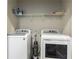 Laundry room with modern appliances, including a front-load washer and dryer, and storage shelving at 555 Letchas Ln, Alpharetta, GA 30009
