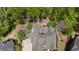 An aerial view that highlights the home's roof, backyard patio, and seating area surrounded by lush greenery at 5885 Wild Azalea Cv, Sugar Hill, GA 30518