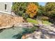 Gorgeous backyard pool and spa area in a lush landscape with mature trees, lighting, and stone walls at 2480 Flint Creek Dr, Cumming, GA 30041