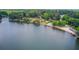 Stunning aerial view of lakefront homes, sandy beach, swimming pool, and lush green trees at 2981 Cardinal Lake Dr, Duluth, GA 30096