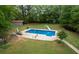 Aerial view of the pool, shed and landscaped yard offering a private oasis for relaxation and recreation at 3833 Coral Ln, Douglasville, GA 30135