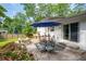 Backyard featuring an outdoor dining space under an umbrella and a patio with fire pit at 3383 Campbell Se Rd, Smyrna, GA 30080