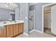 Bathroom view featuring double sink vanity, shower, and closet at 1220 Skipping Rock Sw Ln, Grayson, GA 30017