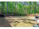 Backyard features black metal fencing, mulch, grass, and dense trees at 660 Stately Dr, Woodstock, GA 30188