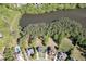 Aerial view of houses near a lake, with a blue pool visible in one of the backyards at 2930 Aquitania Ln, Cumming, GA 30040