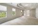 Spacious bedroom featuring neutral walls, tray ceiling, carpet floors, and double windows at 1459 Hickory Branch Nw Trl, Kennesaw, GA 30152