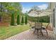Backyard patio area with outdoor dining set, manicured landscaping, and lush green trees in the background at 155 Point View Dr, Canton, GA 30114