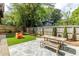 Fenced backyard with artificial turf, stone patio, mature trees, and play area at 342 5Th Ne St, Atlanta, GA 30308