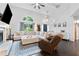 Cozy living room with fireplace, plush seating, ceiling fan, and lots of natural light at 100 Karla Ct, Roswell, GA 30076