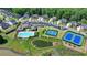 Aerial view of community amenities including a pool, clubhouse, and tennis courts amid lush green landscaping at 3460 Montebello Pkwy, Cumming, GA 30028