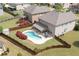 Aerial view of private backyard featuring a swimming pool, patio, and lush landscaping in a fenced yard at 4360 Carver Ct, Cumming, GA 30040