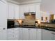 Corner kitchen featuring white cabinets, dark countertops, and stainless steel appliances at 36 Evergreen Way, Dallas, GA 30157