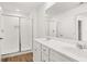 Bathroom featuring double vanity, large mirror, and glass-enclosed tiled shower at 225 Kenoot Dr # 50, Mcdonough, GA 30253