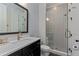 Modern bathroom featuring a walk-in shower with decorative tile, and a stylish vanity at 357 Mell Ne Ave, Atlanta, GA 30307