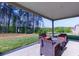 A covered patio has a cozy seating area with a lovely view of the green backyard and mature trees at 61 N Village Cir, Rydal, GA 30171
