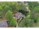 Aerial view showcasing the property with the backyard pool surrounded by dense trees at 176 Nightwind Trce, Acworth, GA 30101