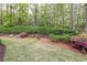 Green backyard with healthy lawn and a retaining wall, landscaping and wooded perimeter at 176 Nightwind Trce, Acworth, GA 30101