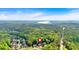 Stunning aerial view showcasing the property nestled amidst lush greenery, with a tranquil lake visible in the distance at 905 Fox Croft Pl, Canton, GA 30114