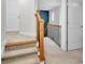 Carpeted staircase with dark metal railing, wood banister, and natural light at 905 Fox Croft Pl, Canton, GA 30114