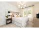 Well-lit bedroom with a queen-sized bed, decorative wallpaper, and a scenic outdoor view at 1771 Jordan Brook Dr, Lawrenceville, GA 30043