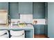 Modern kitchen featuring teal cabinetry, stainless steel appliances, white countertop island with seating, and hardwood floors at 1585 S Ponce De Leon Ne Ave # 19, Atlanta, GA 30307